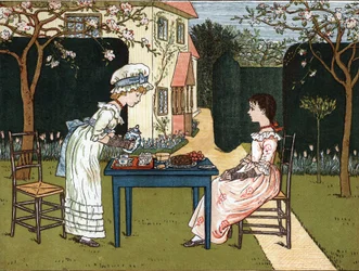 Tid på dygnet: två unga flickor som provar det i en trädgård. Illustration av Kate Greenaway (1846-1901) från boken med sagor och barnvisor för barn "" Under The Window" (1879), redigerad av Edmund Evans.