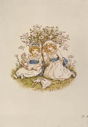 Två flickor med dockor som sitter under en rosenbuske, 1800-talet