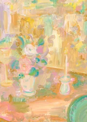 Impressionistisk målning av blommor och ett ljus