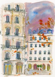 Ett gathörn i Paris med lila himmel