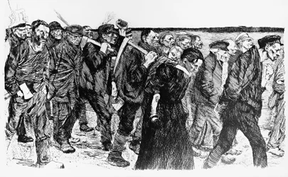 Demonstration av arbetare, illustration av Kathe Kollwitz (1867-1945) för operan Die Weber (The Weavers)
