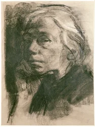 Kaethe Kollwitz, självporträtt (kol på papper)