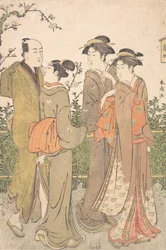 En grupp av tre kvinnor åtföljda av en tjänare, 1780-1795.