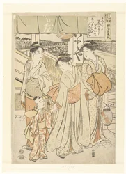 Njuter av kvällsbrisen vid floden i Shijo, Kyoto. Kyo Shijogawara yuzuzumi (titel på objekt)