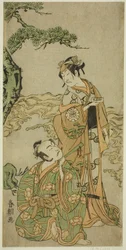 Skådespelarna Nakamura Nakazo I som Matsukaze (höger) och Ichikawa Komazo I som Yukihira (vänster), i pjäsen Kuni no Hana Ono no Itsumoji, framförd på Nakamura Theatre i den elfte månaden, 1771
