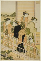 Kvinnor på en balkong i ett Yoshiwara tehus