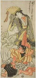 Skådespelaren Ichikawa Komazô III som Nyosan no Miya (Den tredje prinsessan), Ukare Zatô (En blind gatuartist) och Sakata no Kaidô-maru i "Expanded Summer Festival" ("Zôho natsu matsuri")