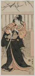 Skådespelaren Iwai Hanshiro IV som ung kvinna med ett svärd, 1791.