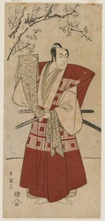 Ichikawa Monnosuke II som en herre som håller en banderoll
