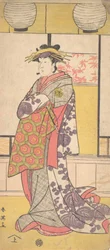 Nakayama Tatezo som kurtisan stående, vänd mot vänster, ca. 1792-93.