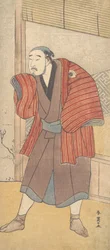 Onoe Matsusuke som tjänare som står bredvid ett hus, ca. 1793.