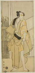 Skådespelaren Ichikawa Monnosuke II som Hiranoya Tokubei () i pjäsen Waka Murasaki Edokko Soga (), uppförd på Ichimura-teatern () under den tredje månaden 1792 ()
