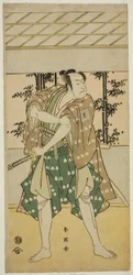 Skådespelaren Ichikawa Omezo I som båtföraren Takihei () i pjäsen Ofunamori Ebi no Kaomise (), uppförd på Kawarazaki Theater () i den elfte månaden 1792 ()