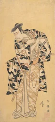 Skådespelaren Ichikawa Yaozo III som Fuwa Banzaemon in a Thunder Robe, Playing with a Fan, 1794.