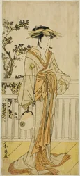 Skådespelaren Iwai Hanshiro IV som Okumi från Mieido Fan Shop () i pjäsen Sanjuk-koku Yobune no Hajimari (), uppförd på Ichimura Theater () under den femte månaden 1789 ()