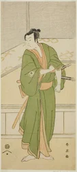 Skådespelaren Iwai Hanshiro IV som Shirai Gompachi i pjäsen Gozen-gakari Sumo Soga, uppförd på Kawarazaki-teatern under andra månaden 1793