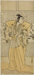 Skådespelaren Iwai Hanshiro IV som Soga no Goro Tokimune i pjäsen Koi no Yosuga Kanegaki Soga, uppförd på Ichimura-teatern under första månaden 1789