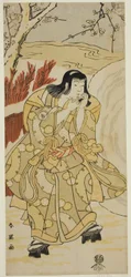 Skådespelaren Iwai Hanshiro IV som en pojke som blåser på sina händer bredvid en stor snöboll, i pjäsen Nigiwai Genji Hana Saku Kado, uppförd på Kawarazaki Theater i den elfte månaden 1793