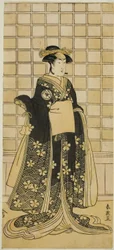 Skådespelaren Iwai Kiyotaro II som Lady Itohagi () i pjäsen Genji Saiko Kogane Tachibana (), uppförd på Ichimura-teatern () i den elfte månaden 1788 ()