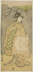 Skådespelaren Iwai Kiyotaro som Kewaizaka no Shosho i pjäsen Gohiiki no Hana Aikyo Soga, uppförd på Kawarazaki Theater under första månaden 1794