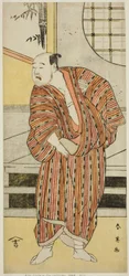 Skådespelaren Kataoka Nizaemon VII som Hayakawa Matabei () i pjäsen Furiwake-gami Aoyagi Soga (), uppförd på Miyakoteatern () under den första månaden 1796 ()