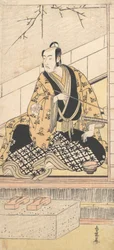 Skådespelaren Matsumoto Koshiro IV sitter i ett yttre rum, 1789.