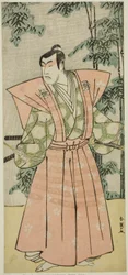 Skådespelaren Matsumoto Koshiro IV som Hatakeyama Shigetada förklädd till Honjo Soheiji () i pjäsen Edo no Fuji Wakayagi Soga (), uppförd på Nakamura Theater () under den första månaden 1789 ()