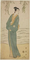 Skådespelaren Segawa Kikunojo III som Chokichi i pjäsen Suda no Haru Geisha Katagi, uppförd på Kiri-teatern under den första månaden 1796