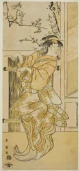 Skådespelaren Segawa Kikunojo III som Kojoro-gitsune (kvinnlig räv) förklädd till Omiki i pjäsen Komachi-mura Shibai no Shogatsu, uppförd på Nakamura-teatern i den elfte månaden 1789