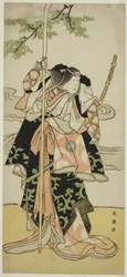 Skådespelaren Segawa Kikunojo III som Lady Tomoe (Tomoe Gozen) i pjäsen Yasa Gumbai Miyako no Jindori, uppförd på Miyako-teatern i den elfte månaden, ca 1793 (färgträsnitt; hosoban)