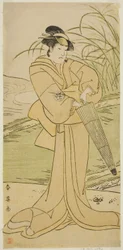 Skådespelaren Yamashita Kinsaku II som Okaya i pjäsen Yomogi Fuku Noki no Tamamizu, uppförd på Kiri-teatern under den femte månaden 1795