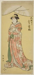 Skådespelaren Yamashita Kinsaku II som hembiträdet Tsumagi i pjäsen "Otokyama O-Edo no Ishizue", uppförd på Kiri Theater i den elfte månaden 1794