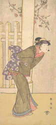 Den fjärde Iwai Hanshiro som en kvinna som står under en Torii, ca. 1791