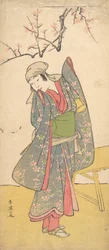 Den fjärde Iwai Hanshiro som ung flicka som står vid en träbänk, ca. 1790