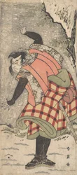 Oidentifierad skådespelare som en Kyokaku som står vid foten av en klippa i en snöstorm, ca. 1793.