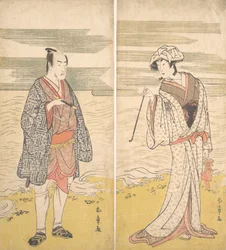 Två skådespelare: den fjärde Matsumoto Koshiro som en man klädd i en kort kimono [vänster], 1779.