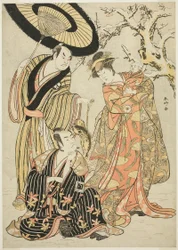Skådespelarna Iwai Hanshirô IV, Ichikawa Monnosuke II och Sakata Hangorô III i "Snowflakes: Att höja standarden på Izu" ("Mutsu no Hana Izu no Hataage")