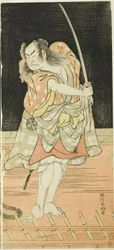 Skådespelarna Nakamura Nakazô I som Danshichi Kurobei och Ichikawa Danjûrô V som Issun Tokubei i "Osakas spegel under sommarfestivalen" ("Natsu Matsuri Naniwa Kagami").