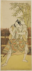 Skådespelaren Bando Mitsugoro I som Ogata no Saburo förklädd till Yoroya Takiemon i pjäsen Mure Takamatsu Yuki no Shirahata, uppförd på Ichimura-teatern i den elfte månaden 1780