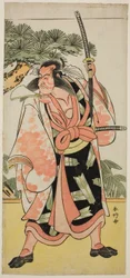 Skådespelaren Ichikawa Danjuro V som Kajiwara Genta Kagesue i pjäsen Yuki Nazuna Saiwai Soga, uppförd på Kiri-teatern under första månaden 1787