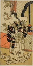 Skådespelaren Ichikawa Danjuro V som Kajiwara Heiji () i pjäsen Hiragana Seisuiki (), uppförd på Morita Theater () under den tredje månaden 1776 ()