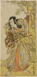 Skådespelaren Ichikawa Danjuro V som Kazusa no Akushichibyoe Kagekiyo förklädd till blind hovmusiker (Kengyo) i pjäsen Edo Meisho Midori Soga, uppförd på Morita-teatern under den fjärde månaden 1779