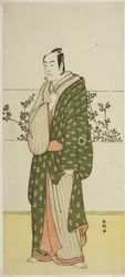 Skådespelaren Ichikawa Monnosuke II, möjligen som Matsuya Soshichi, i pjäsen Chiyo no Hajime Ondo no Seto (Evighetens början: Ondosundet i Setos insjö) (), framförd på Kiri Theater från den tjugosjunde dagen i den sjunde månaden, 1