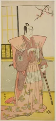 Skådespelaren Ichikawa Omezo I som Koyurugi Motomenosuke () i pjäsen Haru no Nishiki Date-zome Soga (), uppförd på Nakamura Theater () under den första månaden 1790 ()