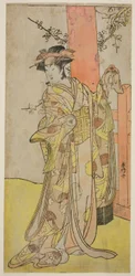 Skådespelaren Iwai Hanshiro IV som Kitsune ga Saki Otama () i pjäsen Miyakodori Yayoi no Watashi (), framförd på Kiri Theater () under den tredje månaden 1787 ()