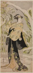 Skådespelaren Iwai Hanshiro IV som Lady Yaehata i pjäsen Sanga no Sho Haru no Hanayome, uppförd på Kiri-teatern under den elfte månaden 1787