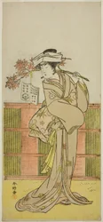 Skådespelaren Iwai Hanshiro IV som Umegae förklädd till den kvinnliga spåkvinnan Omatsu i pjäsen Mukashi Otoko Yuki no Hinagata, uppförd på Ichimura-teatern i den elfte månaden 1781