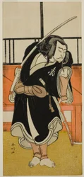 Skådespelaren Nakamura Nakazo I som Aso no Matsuwaka () i pjäsen Iro Moyo Aoyagi Soga (), uppförd på Nakamura-teatern () under andra månaden 1775 ()