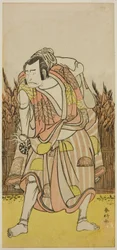 Skådespelaren Nakamura Nakazo I som Hachiman Taro Yoshiie () i pjäsen Oshu Adachi ga Hara (), uppförd på Nakamura-teatern () under fjärde månaden 1775 ()