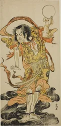 Skådespelaren Nakamura Nakazo I som Toyose Saburozaemon Kageaki i pjäsen Hono Nitta Daimyojin, uppförd på Morita-teatern i den sjunde månaden 1777